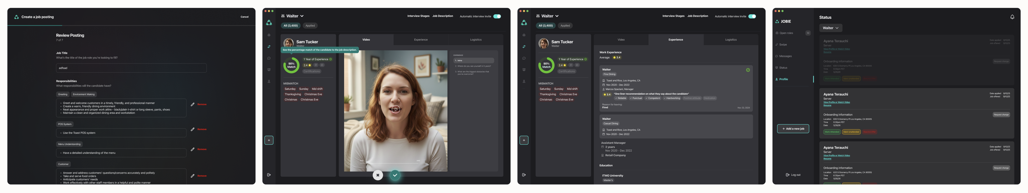 Jobie employer web app designs showing job posting, candidate review, and hiring workflow